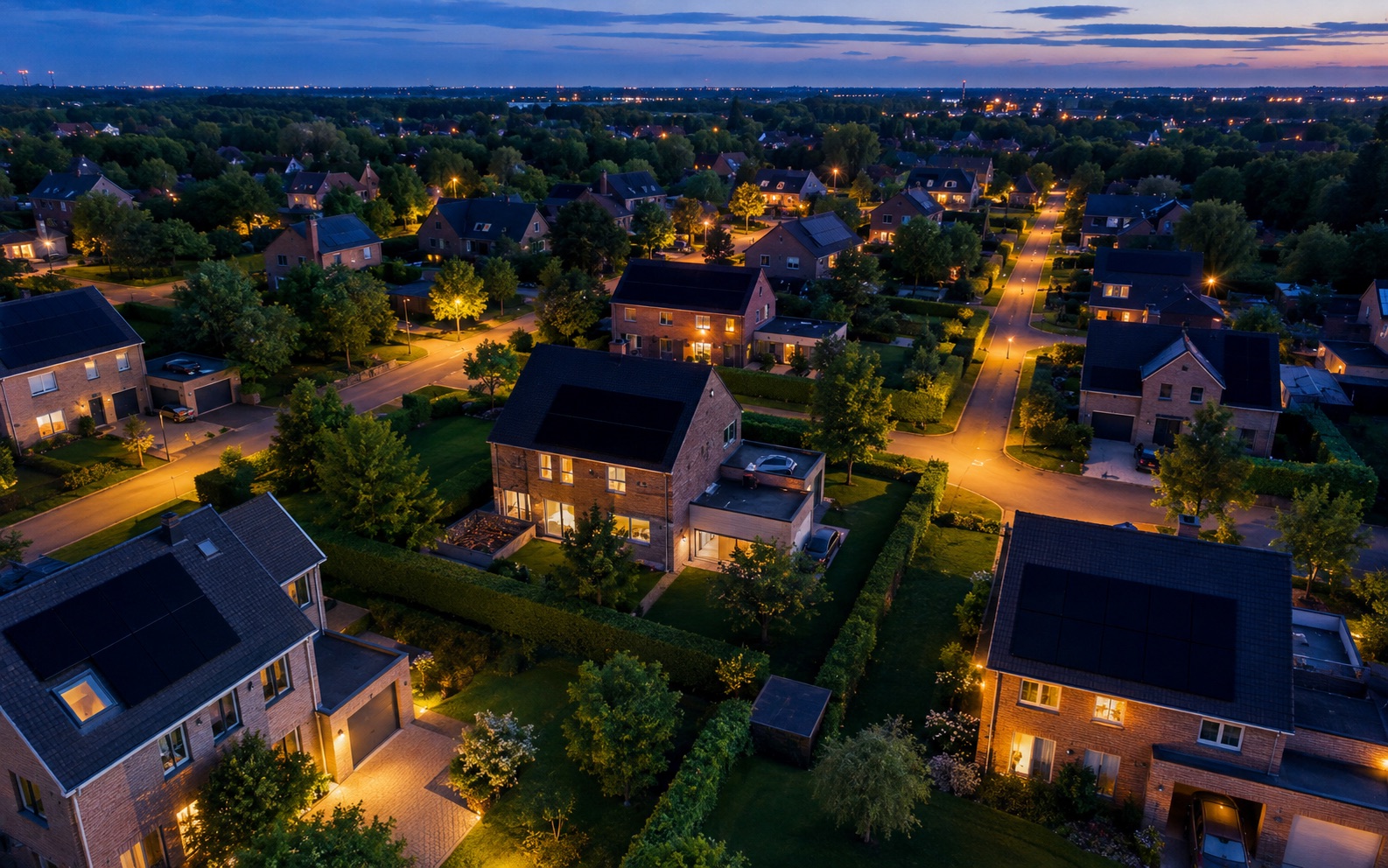 Luchtfoto van een residentiële wijk met zonnepanelen