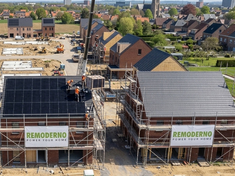 Luchtfoto van een werf waar Remoderno zonnepanelen plaatst op nieuwbouwwoningen