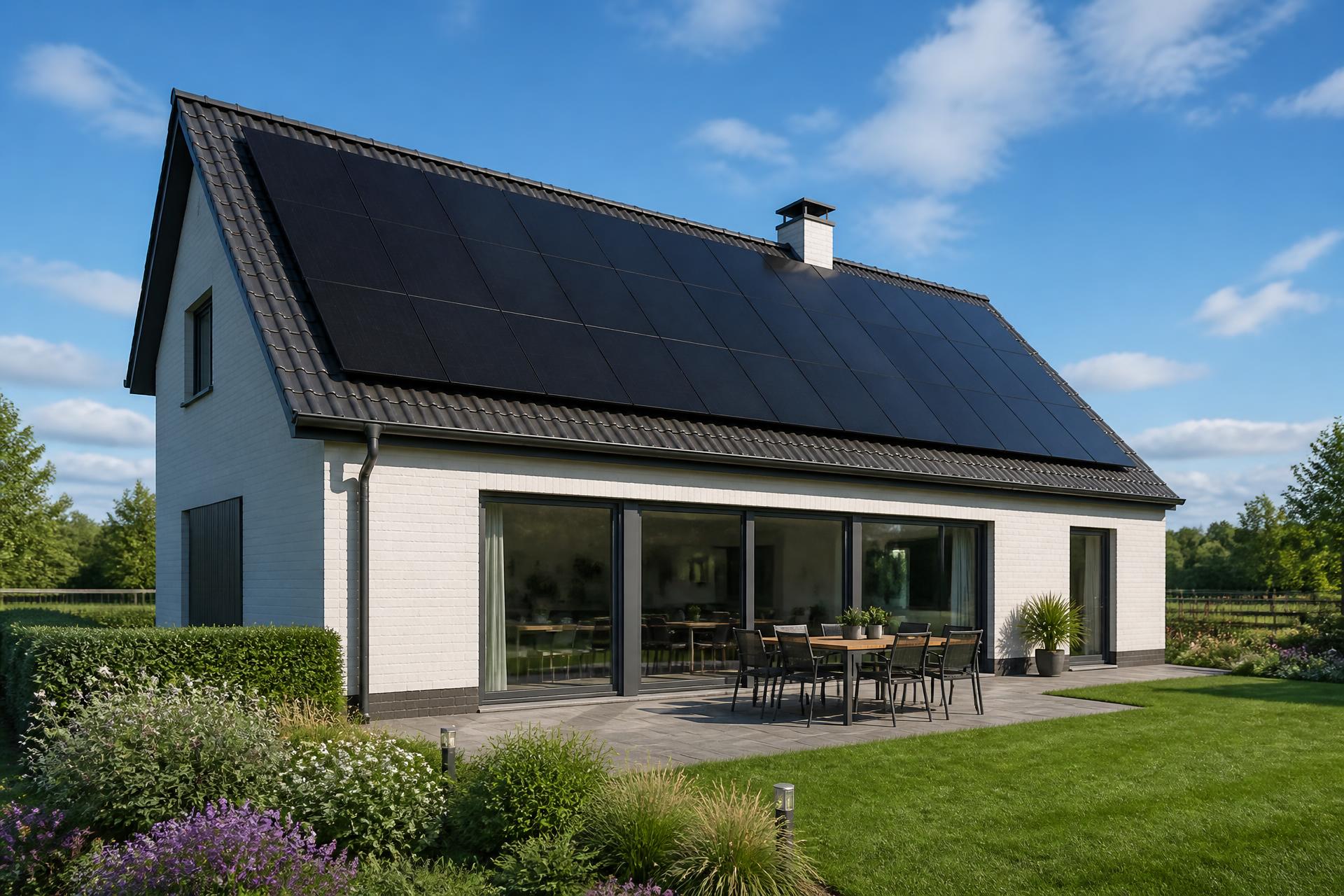 Modern huis met zonnepanelen op het dak in zonlicht