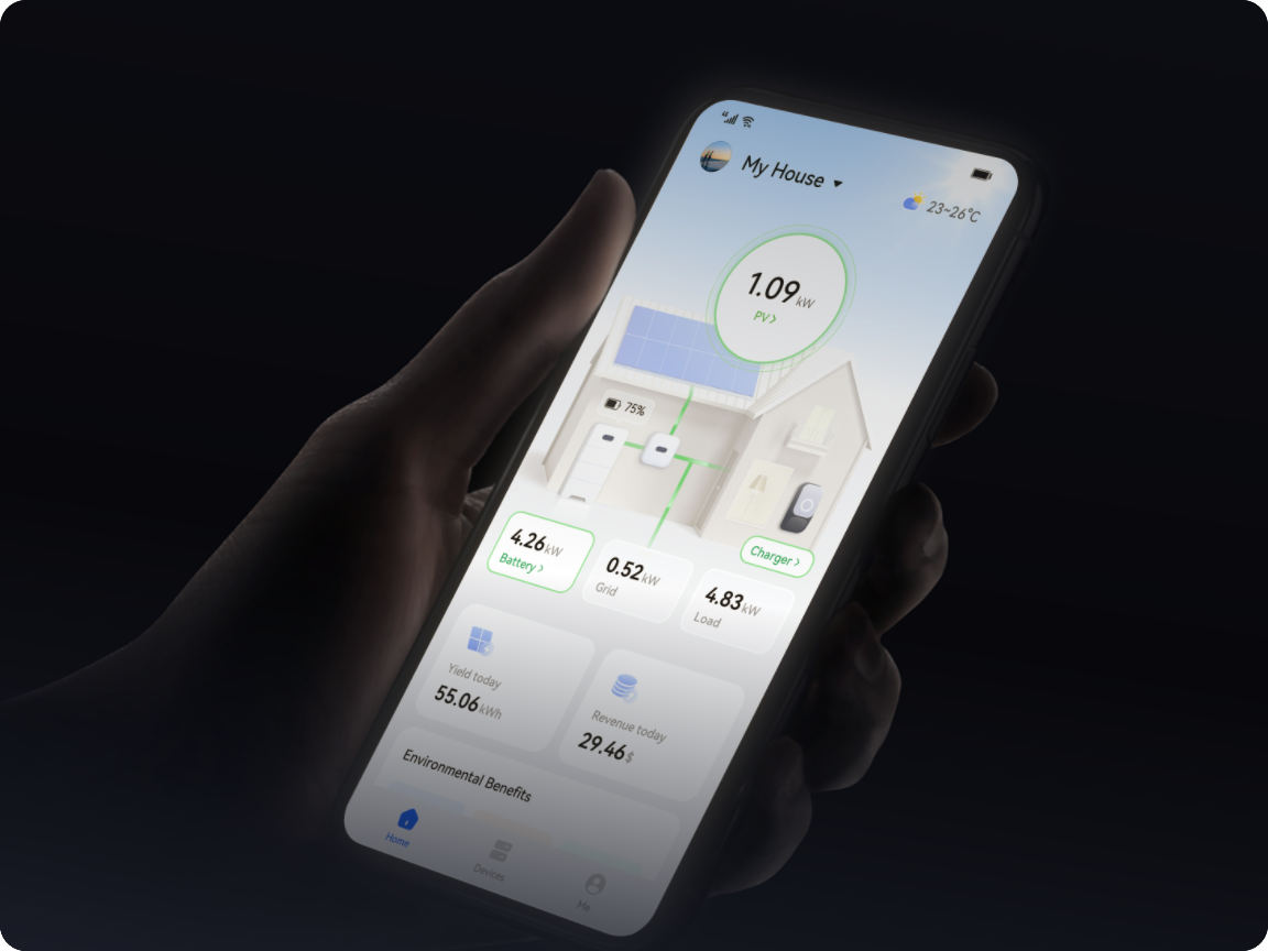 FusionSolar-app met live overzicht van productie en verbruik