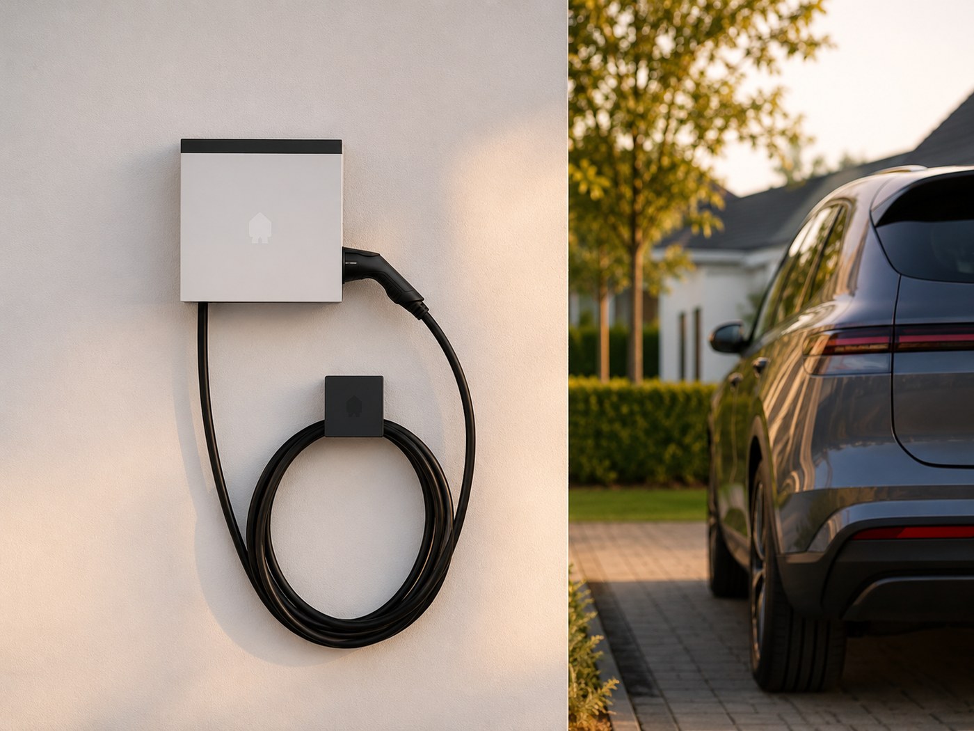 Smappee EV Wall laadpaal aan de woning, elektrische wagen geparkeerd ernaast