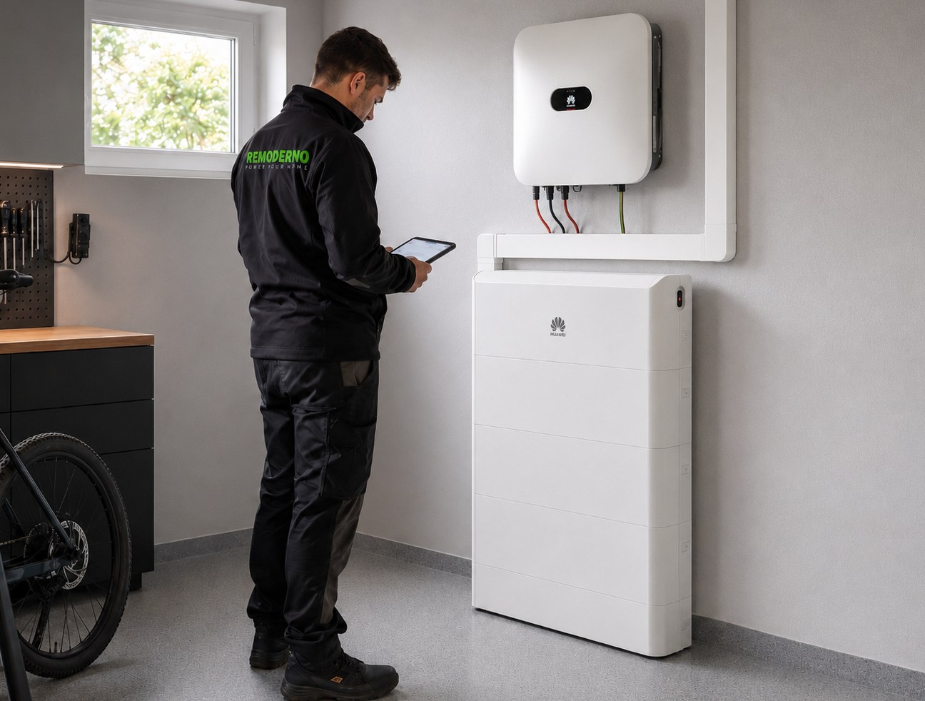 Remoderno-technieker controleert een Huawei omvormer en thuisbatterij