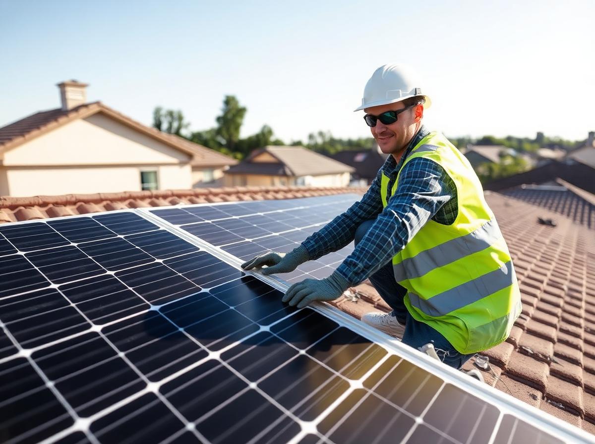 Technieker voert onderhoud uit aan zonnepanelen op een dak